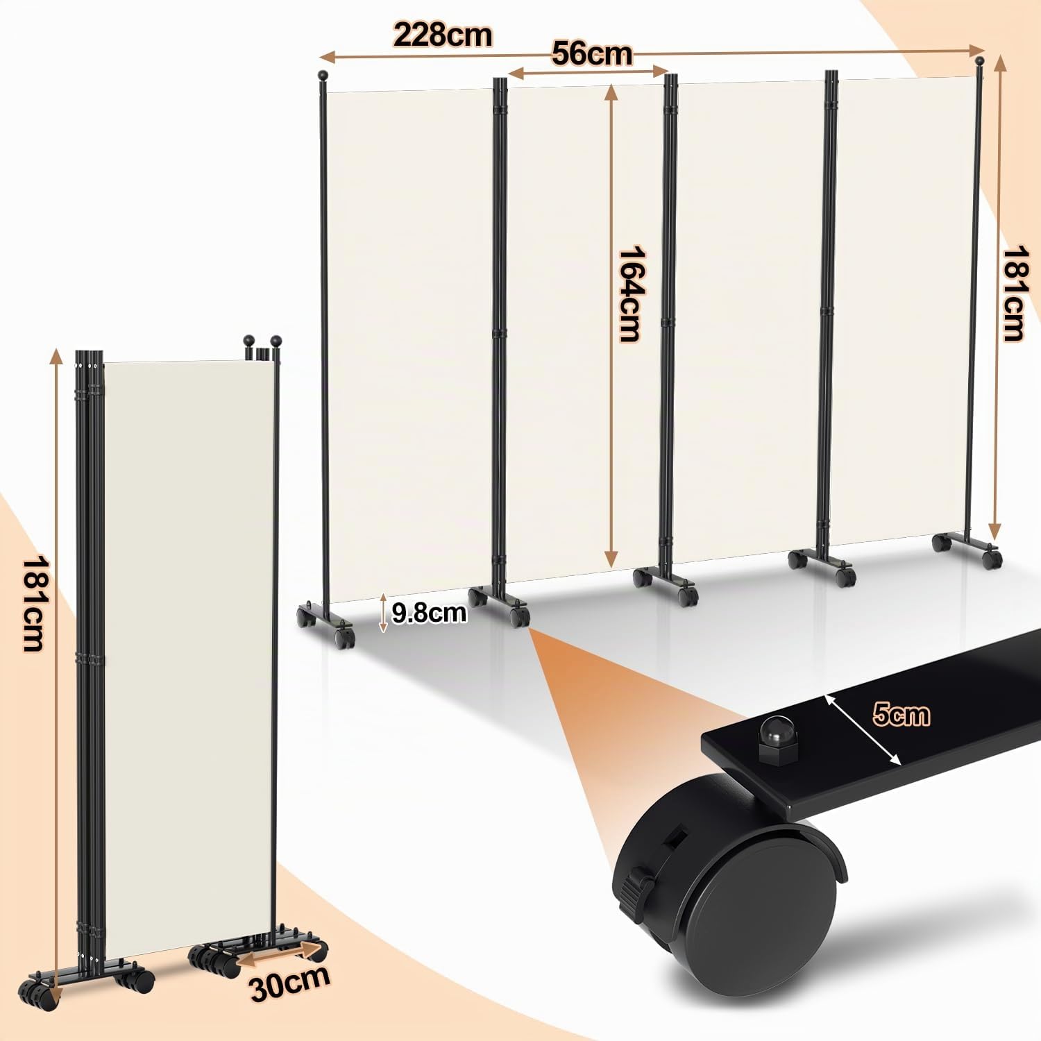 Biombo plegable con ruedas, 4 piezas, 228 x 181 cm, para oficina, balcón, color beige