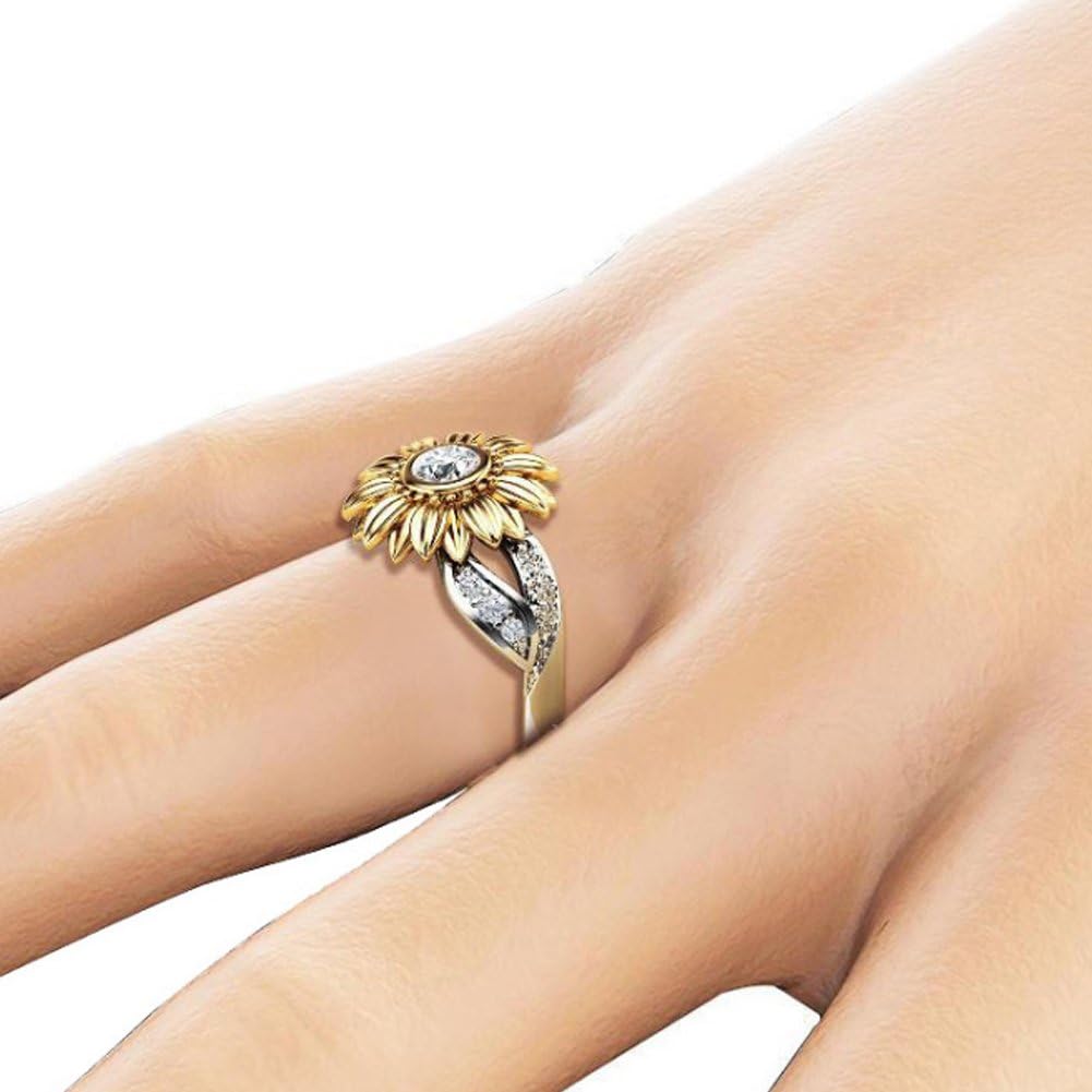 Ring Fashionable Round Copper Sunflower Ring with Bright Zircon Decoration 4 Sizes(7#)