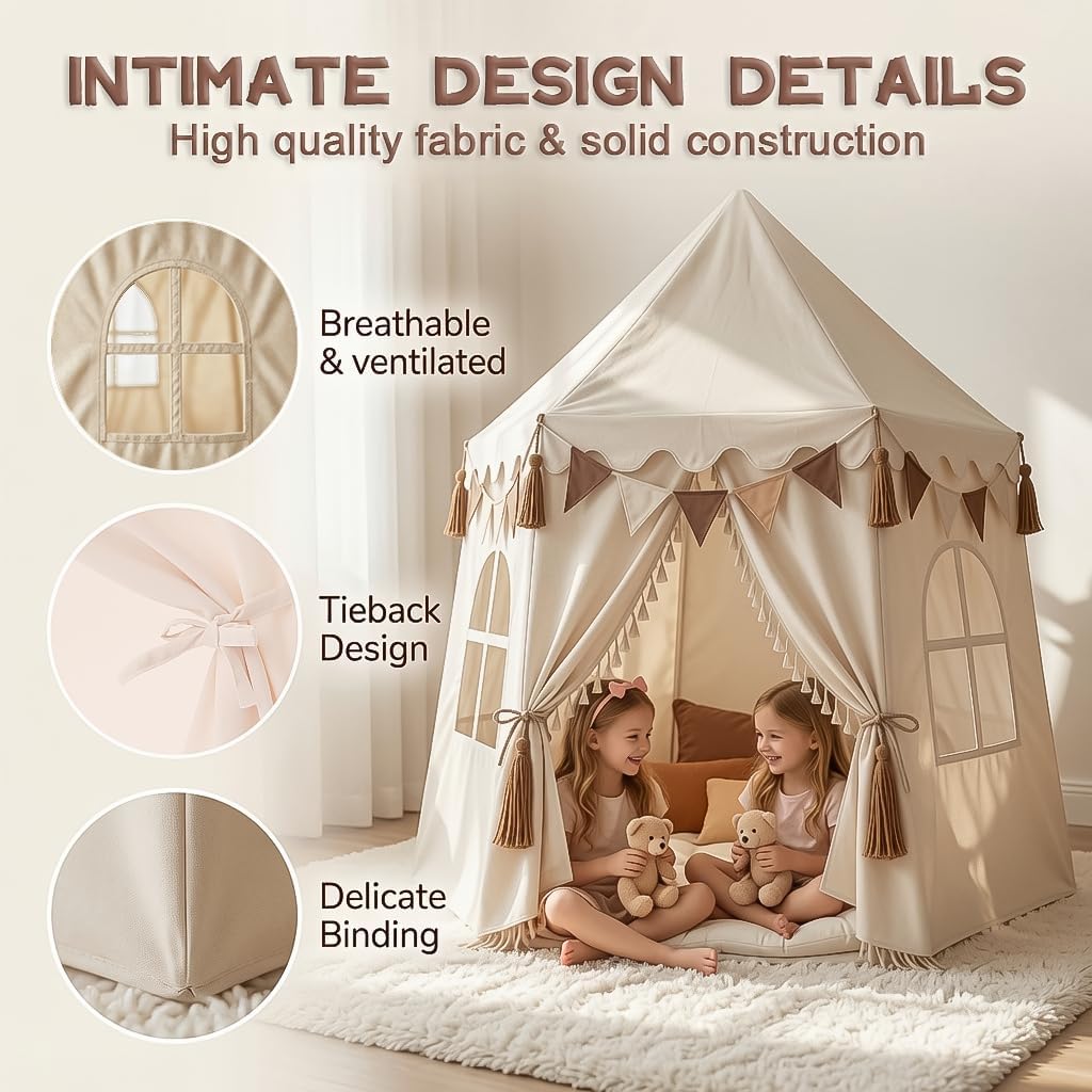 Extra Large Boho Kids Play Tent, 59" x 53" (DxH) | Star lights, bunting flags & tassels,Machine washable,Birthday gift for boys & girls,Indoor & outdoor playhouse