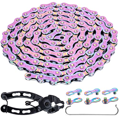 YBEKI 6/7/8/9/10/11 Speed Carbon Steel Bike Chain with Full Silver Plating, 116 Links, 3 Extra Master Links &amp; Chain Tool - Compatible with Shimano/SRAM Mountain, Road (10 Speed, Multicolour, 1)