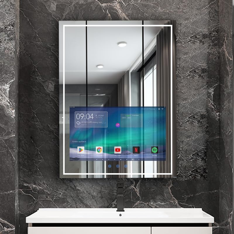 Haocrown 60x80cm (24x32) Smart Bathroom Mirror with 21.5 Touch Screen Android 11 Support Netflix YouTube Streaming IP66 Waterproof Anti-Fog 3 Colour Dimmable LED WiFi Bluetooth HDMI(2026 News)