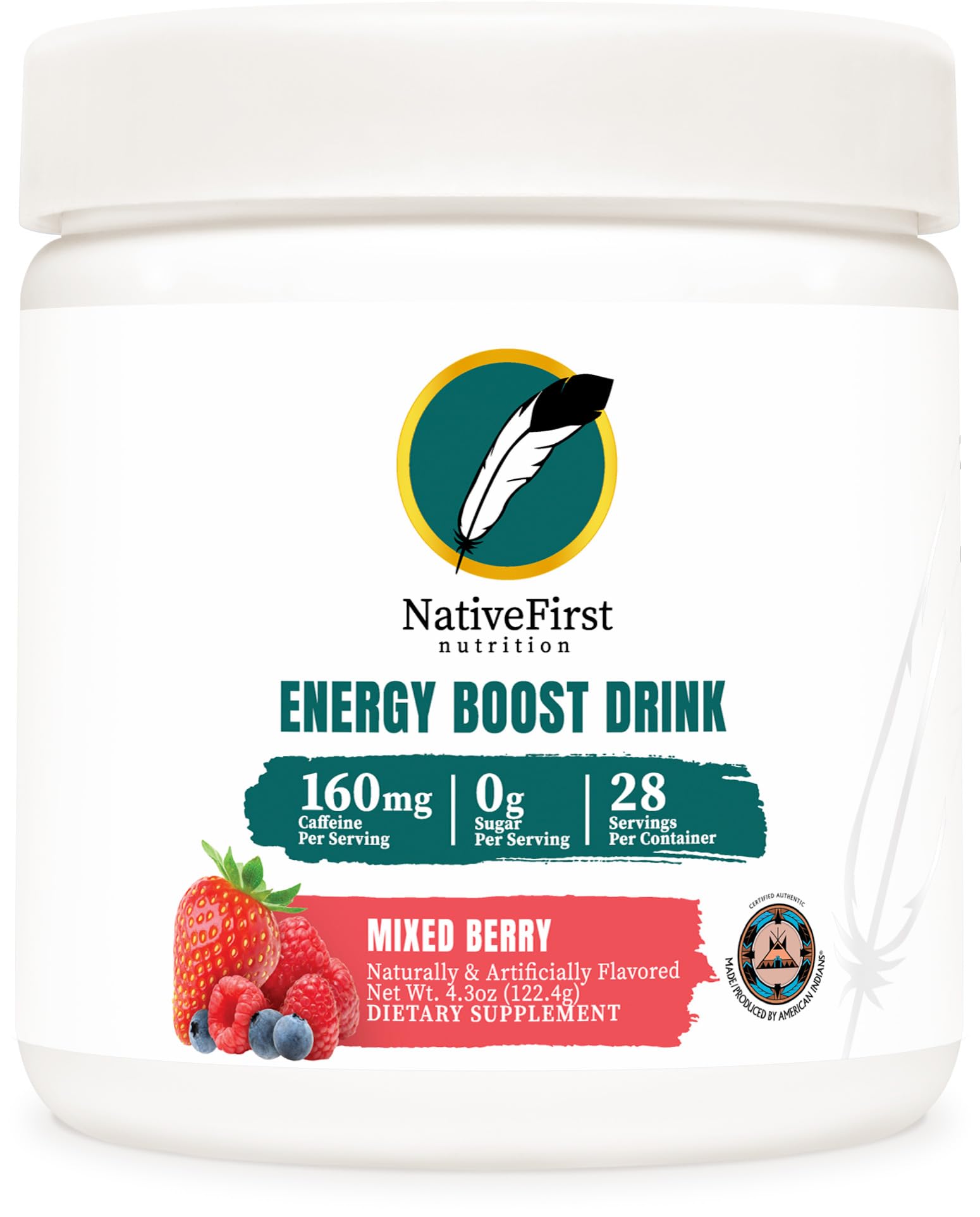 NativeFirstEnergy Boost Drink Mix (28 Servings) - 160mg Caffeine per Serving, Gluten Free, Non-GMO (Mixed Berry)