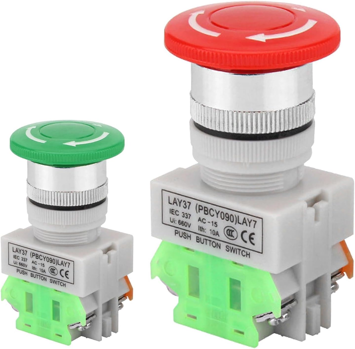 2-Pack 22mm Mushroom Self-Locking Emergency Stop Push Button Switch 10A 660V 1NO 1NC Latching Pushbutton Switch LAY37-11ZS - Red/Green