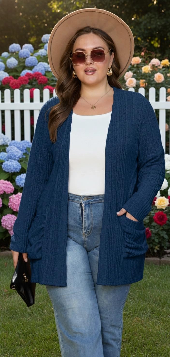 OLRIK Women Plus Size Cardigan Lightweight Knit Sweater Open Front Long Sleeve Stretchy with Pocket Fall Winter Outfits - Image 5