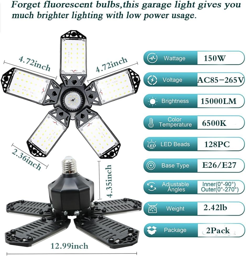 Meiqils 160W LED Garage Light 2Pack, 16000 Lumen Ceiling Lights with 5+1 Adjustable Panels, 6500K Daylight Light Bulb Fixture LED Lights for Garage, Workshop (New 160W 2Pack) image 3