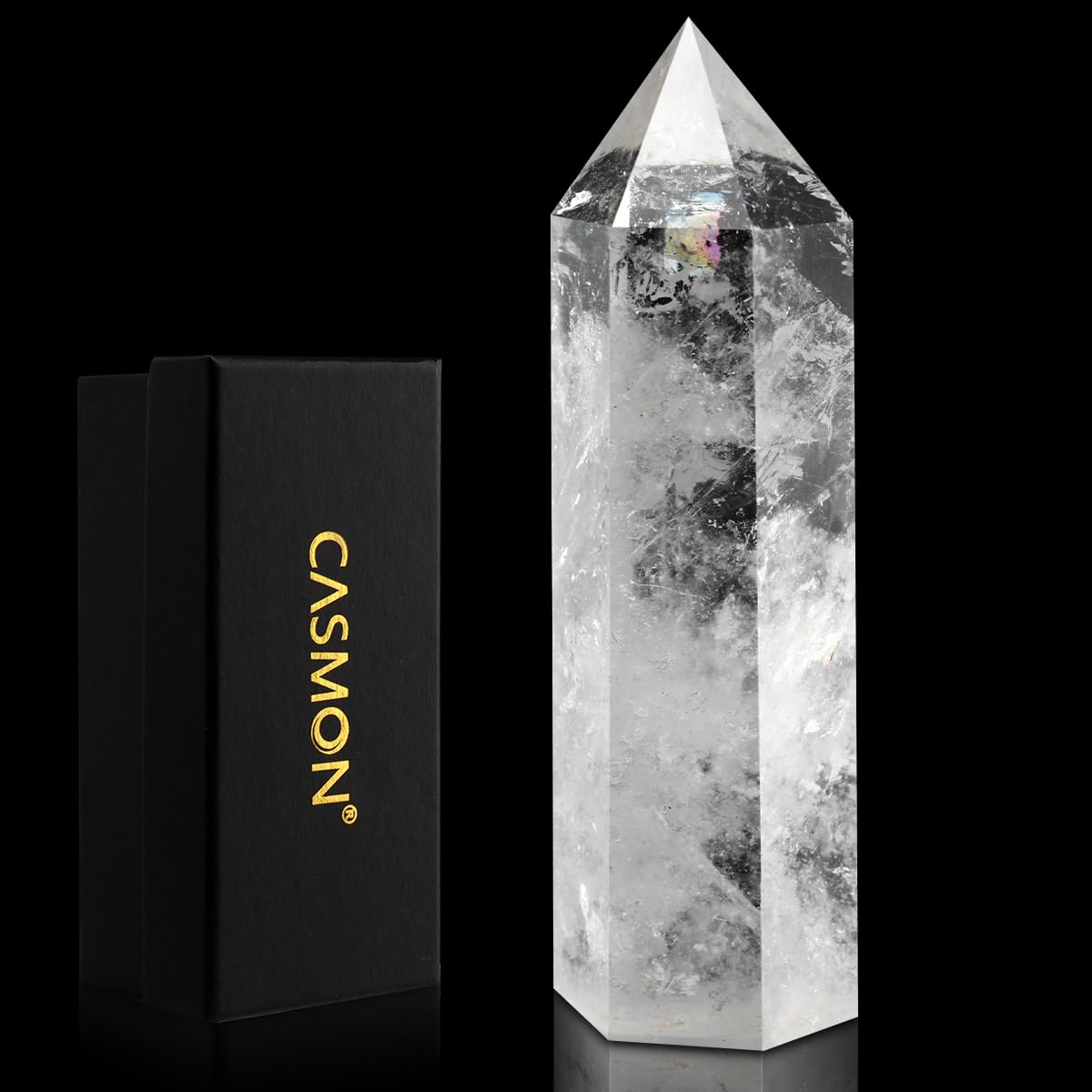 CASMON Large Healing Crystal Wands 3.9"-4.3"(10-11cm), Natural Clear Quartz Obelisk Crystal Tower Stone, 6 Faceted Single Healing Crystal Point for Reiki Chakra Meditation Therapy (1PC)
