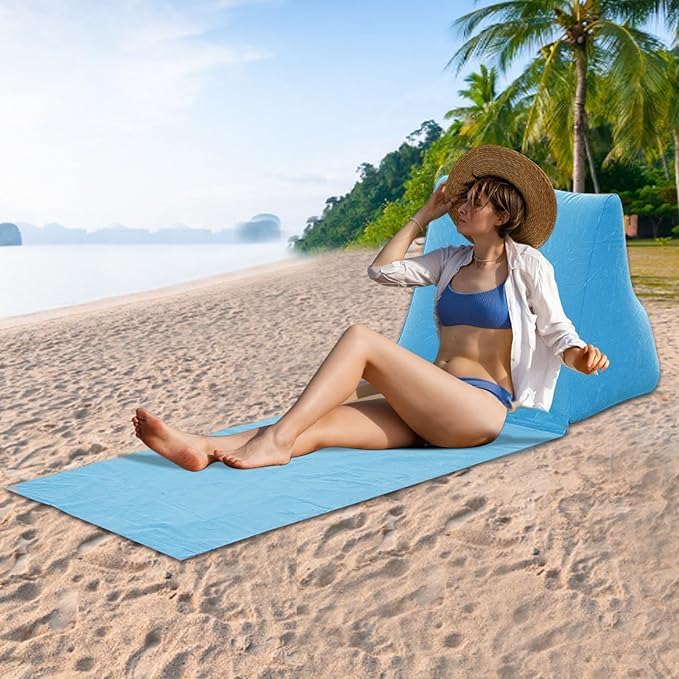 KRLZ Inflatable Beach Mat Lounge Chair Flocking Camping Leisure Lounger with Back Pillow Portable Beach Reclining Lounger Tanning Chair for Lawn Outdoors Camping Picnic Travel
