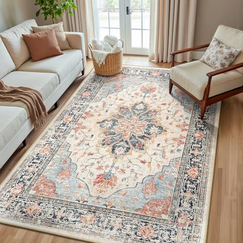 RELEANY Washable Area Rug, 5'x8', Beige/Blue/Orange