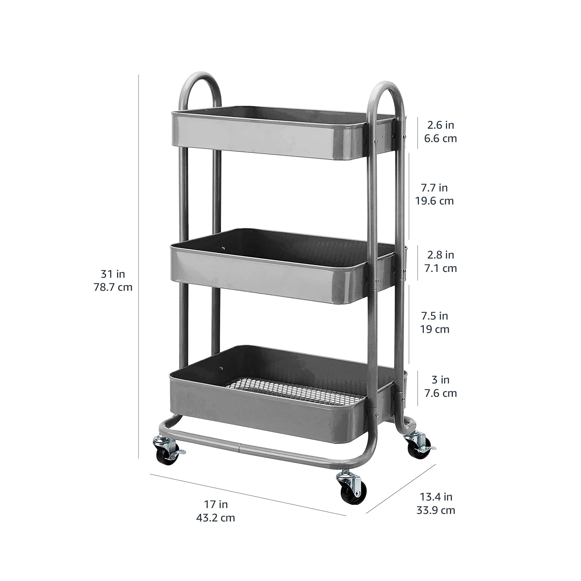 Amazon Basics Carrello con ruote a 3 scomparti, carbone