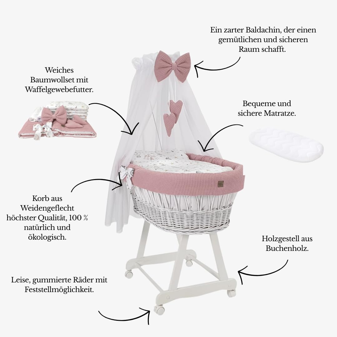 Moisés blanco con estructura, dosel colchón y ropa de cama de tela de gofre, ruedas silenciosas (rosa - conejito)