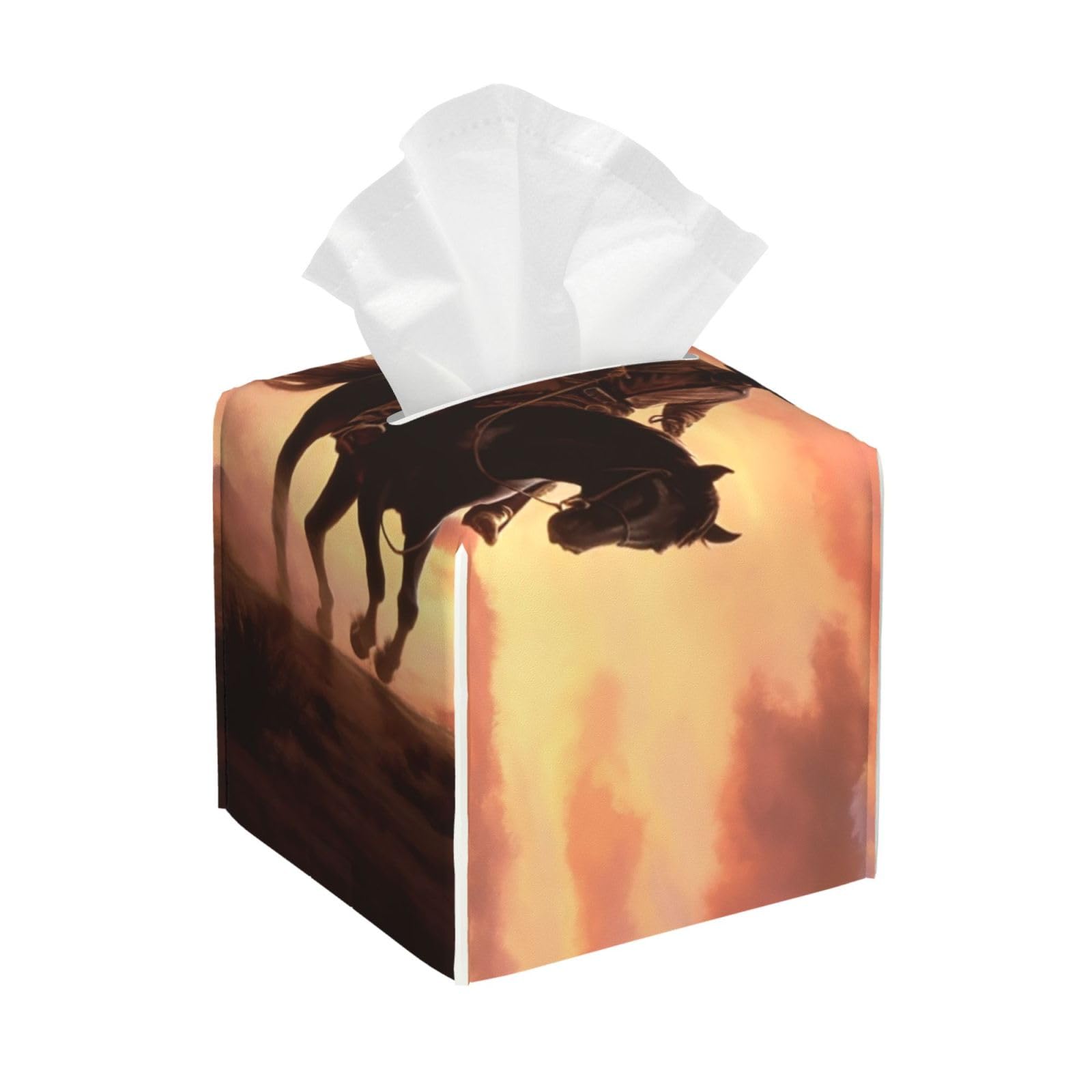 Pu Leather Cube Tissue Box Holders Modern Waterproof Square Tissue Box Cover Cowboy West Facial Paper Holder for Bathroom Kitchen Nightstand Office Home Decor