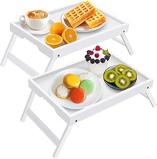 Artmeer Bed Tray Table with Folding Legs,Bamboo Breakfast in Bed for TV Table, Laptop Computer Tray,Eating,Snack Tray White 2 Pack(White)