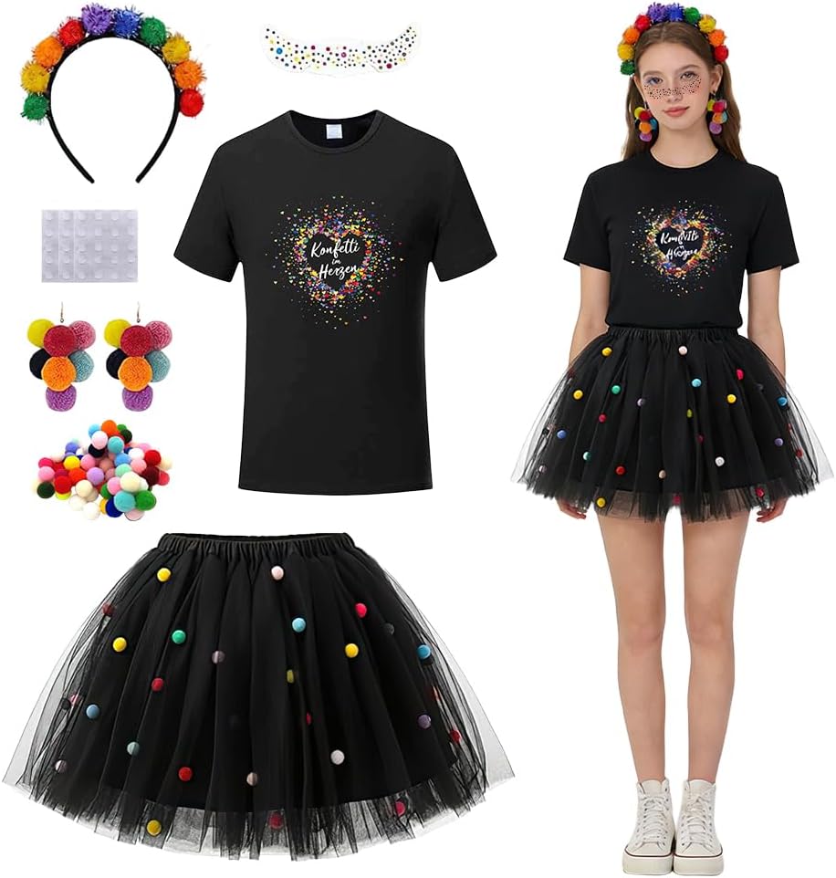 Yi'antai Women's Confetti Costume, Clown Costume, Costume for the Face and Footwear, Carnival Costume