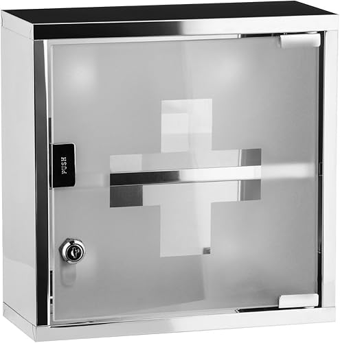 Gabinete médico de primeros auxilios con cierre de puerta y 2 estantes para medicamentos y vendajes, hecho de acero inoxidable y vidrio esmerilado.