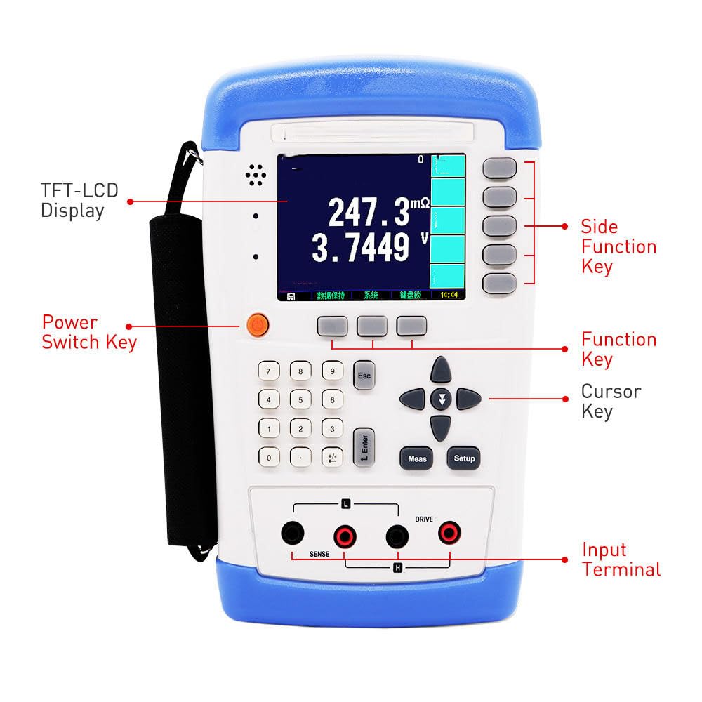Battery Internal Resistance Tester Handheld Battery Meter Tester AC Resistance Meter DC Voltage Tester with Resistance 0.01mΩ to 2.000kΩ Voltage 1mV to 50V Data Storage 500 Groups LCD Display
