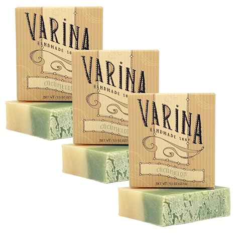 Miniatura 1 de Varina Jabón en barra de cucumelon natural, limpieza suave para pieles sensibles, afrutado, paquete de 3, experimenta una piel sana y brillante