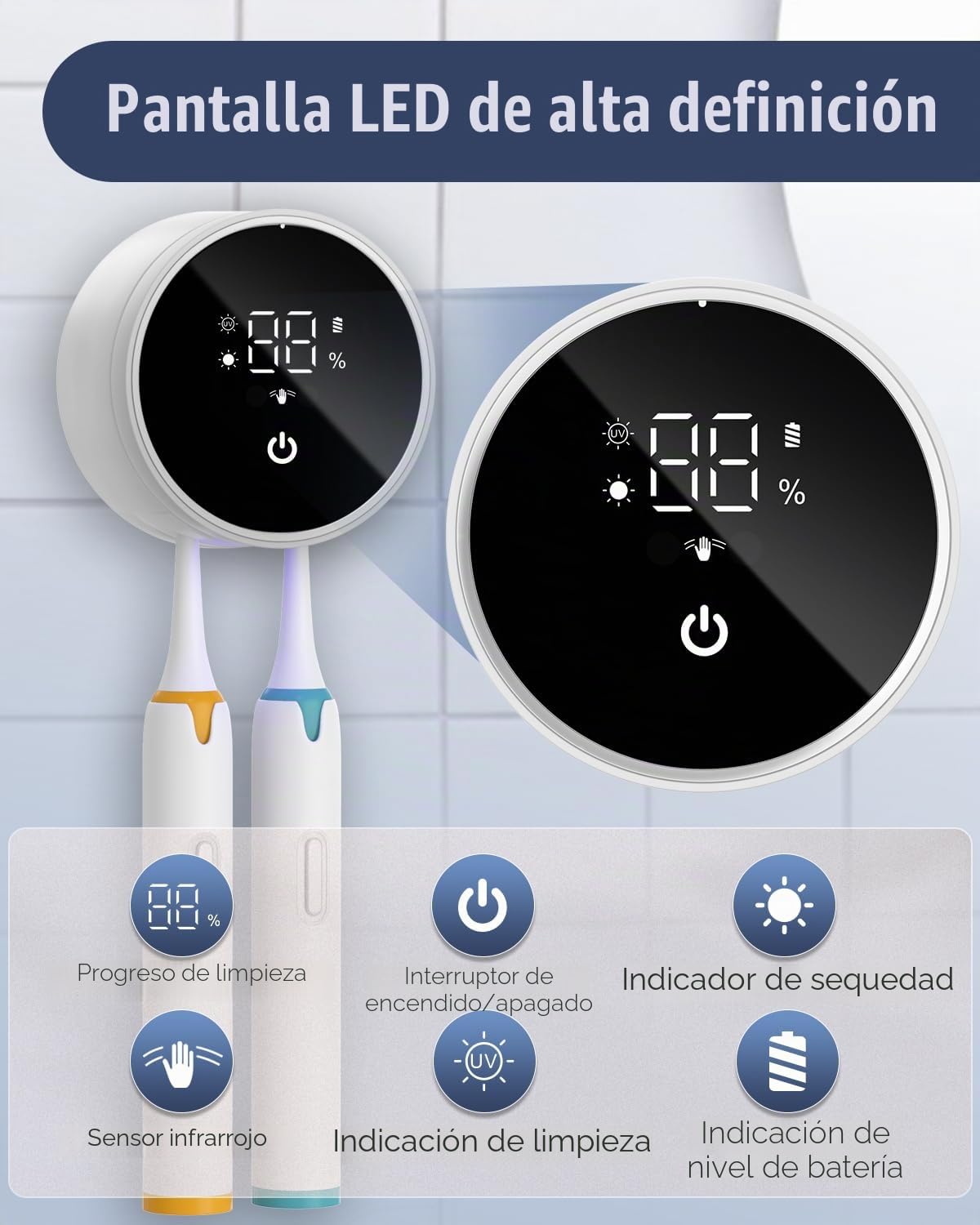 Soporte limpiador de cepillos de dientes UV mejorado para montaje en pared, soporte de cepillo de dientes eléctrico para baño, pantalla inteligente LED, con cubierta autoinductiva, limpieza