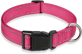 BOOMIBOO Reflective Adjustable Nylon Dog Collar - Safety Buckle for Small Medium Large Dogs, Pink S