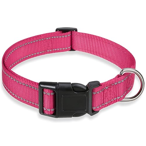 Reflective Dog Collar with Buckle Adjustable Safety Nylon Collars for Small Medium Large Dogs, Pink S - Hotpink - Small :Width 5/8",Neck 10-14"