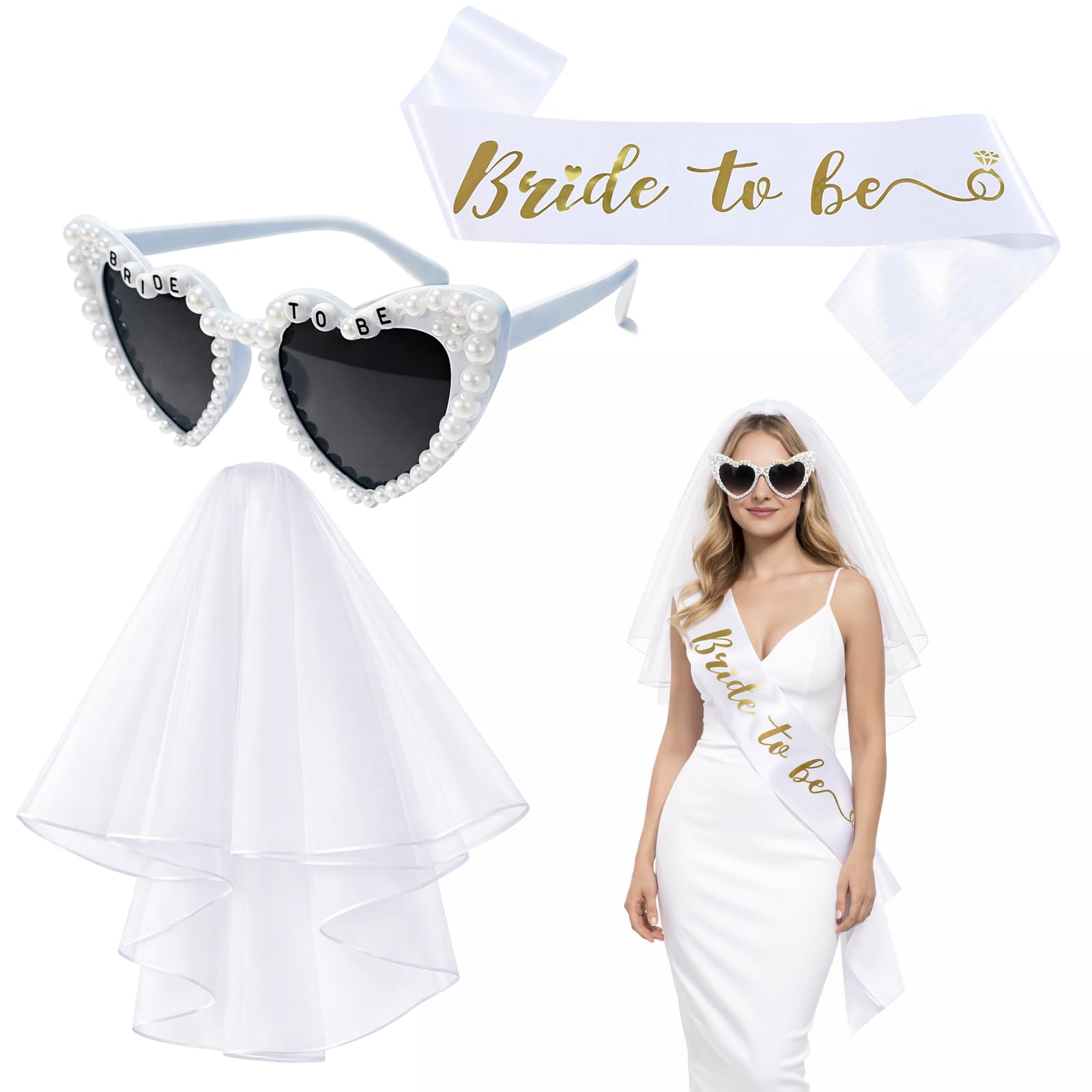 3PCS Bride to Be Sash, Hen Party Accessories Set with Veil and Glasses, Pre-Wedding Celebration Essentials for Bridal Showers and Bachelorette Events, Bridal Party Props