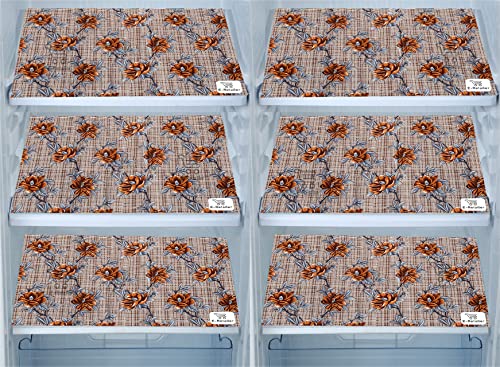 Image of Polyester 3-Layered Fridge Top Cover /Refrigerator Cover With Utility Pockets and Set of 6 Pc Fridge Mats (Color-Check Floral Brown, Size-39x21 Inch)