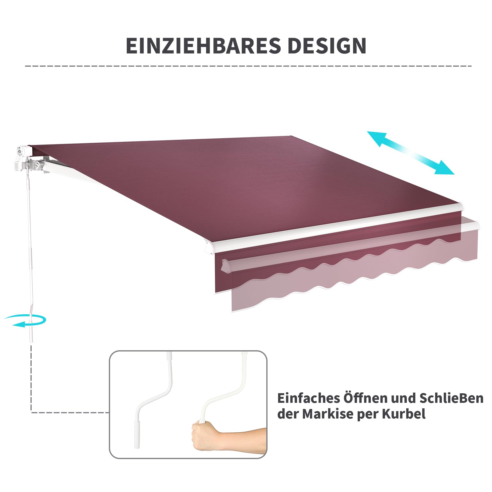 Dripex Markise 200 x 150 cm Manuelle Gelenkarmmarkise Wasserdicht und Sonnenschutz, Terrassenmarkise Größen wählbar, Sonnenmarkise für Terrasse Balkon, Gelenkmarkise Weinrot, Montage erforderlich
