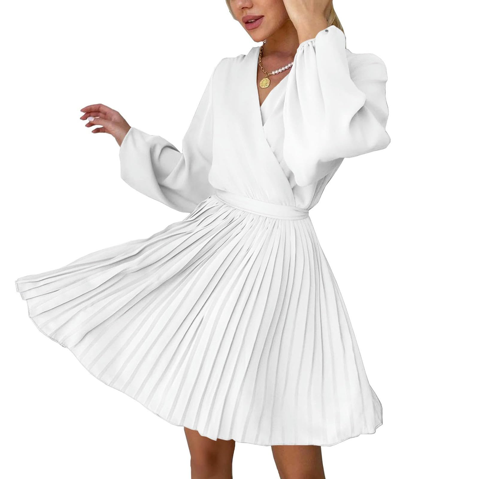 Robe plissée manches longues femme col en v mi-saison chic et fluide