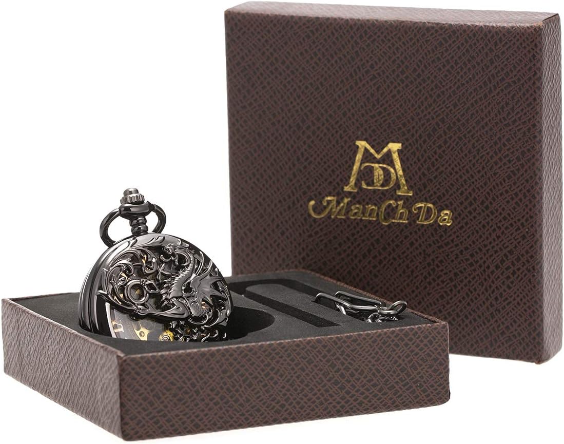 ManChDa Men's Skeleton Mechanical Engraved Pocket Watch Black Dragon Hollow Double Hunter Roman Numerals Dial Engraving Customization Custom Personalized Gift