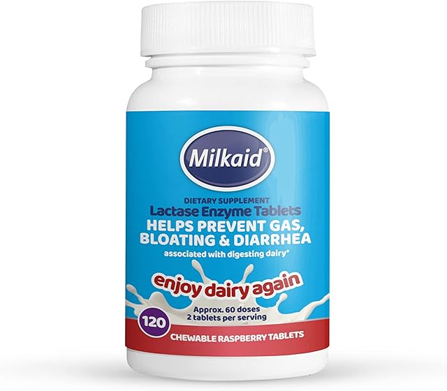 Milkaid Lactase Enzyme Chewable Tablets for Lactose Intolerance Relief | Prevents Gas, Bloating & Diarrhoea | Fast Acting Dairy Digestive Supplement | Gluten Free & Vegan | 120 tablets