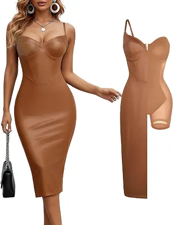 Popilush Corset Shapewear Dress Faux Leather Club Midi Dress V Neck Night Out Bodycon Dresses for Women