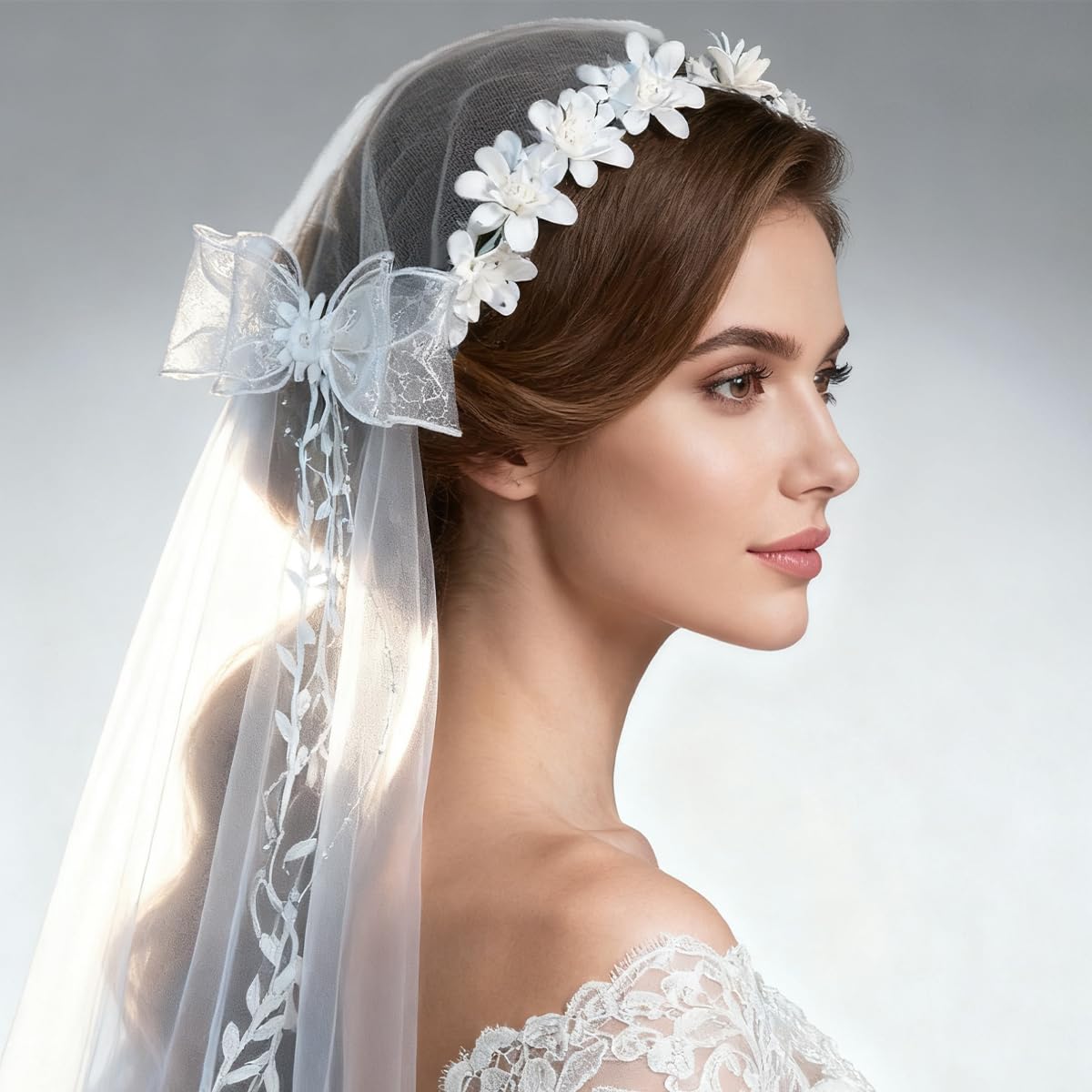 White Veils White Floral Crown Brida Hairbands Photography Hair Wreath Accessory Bow Flower Crown Soft Wreath Wand Wedding Headpiece Adjustable Hair Accessories for Women Girls - Image 5