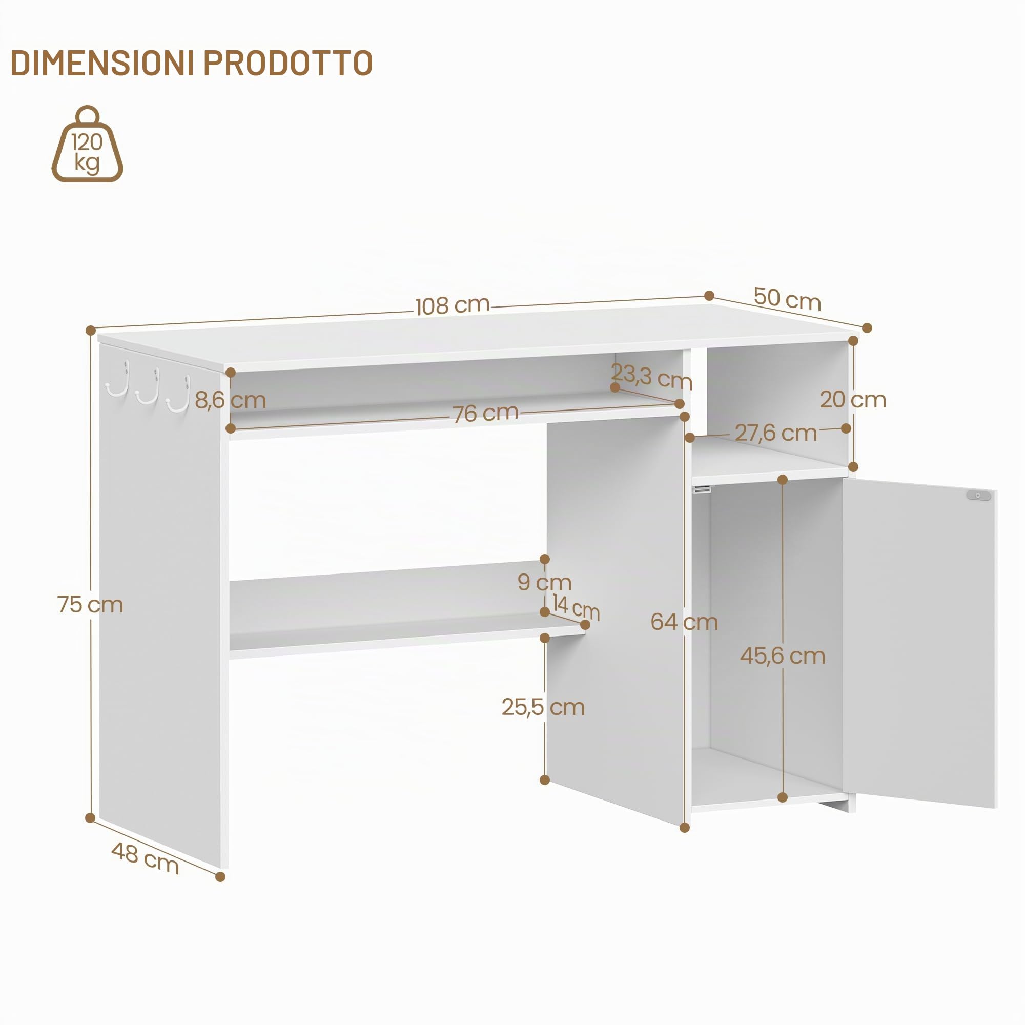 Hzuaneri Scrivania per Computer, Scrivania Ufficio con Ripiani, Tavolo Moderno con Deposito, per Studio, Ufficio, Camera da Letto, 50 x 108 x 75 cm, Bianco CD10103X