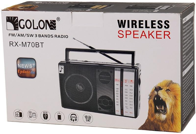 Top-right view of the GOLON RX-M50BT radio, showing the volume knob, DC input, USB/TF slots, and band selector switch.