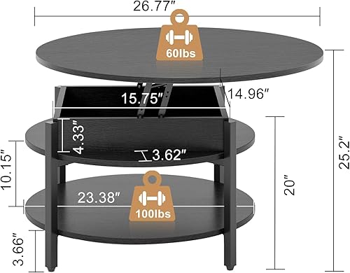 Miniatura 3 de FABATO Round Lift Top Coffee Table with Storage and Hidden Compartment, 26.77'' Farmhouse Coffee Table for Living Room Reception Room, 2 Tier Small