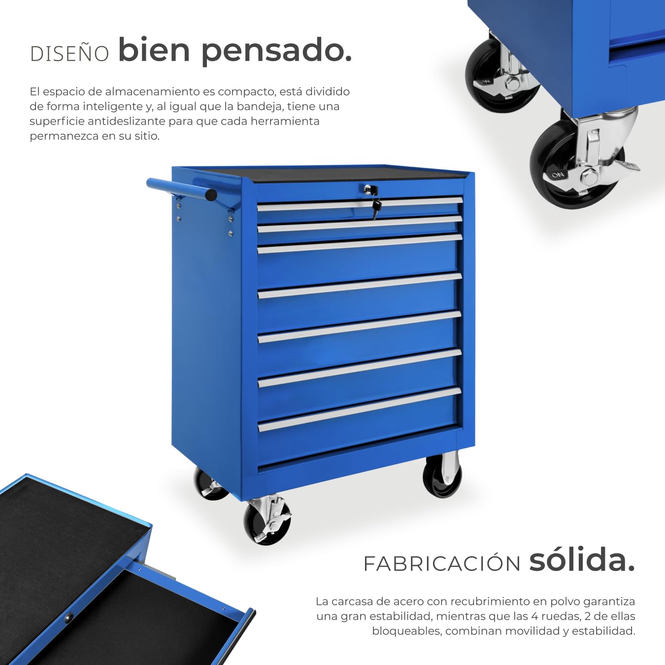 tectake ® Carrito Auxiliar con Ruedas, 7 Cajones, Revestido en Polvo, Organizador de Herramientas, Caja de Herramientas Vacía, Armario Metálico, Carro Taller, Ruedas con Freno - Azul
