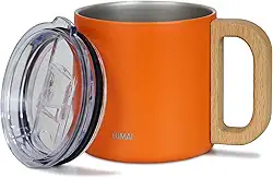 LUMAI Caneca Térmica Vietnã 350ml Aço Inoxidável, Parede Dupla Isolada a Vácuo, Mantém Bebidas Quentes ou Frias por Horas, Tampa Vedada Antivazamento, Alça de Madeira – Laranja