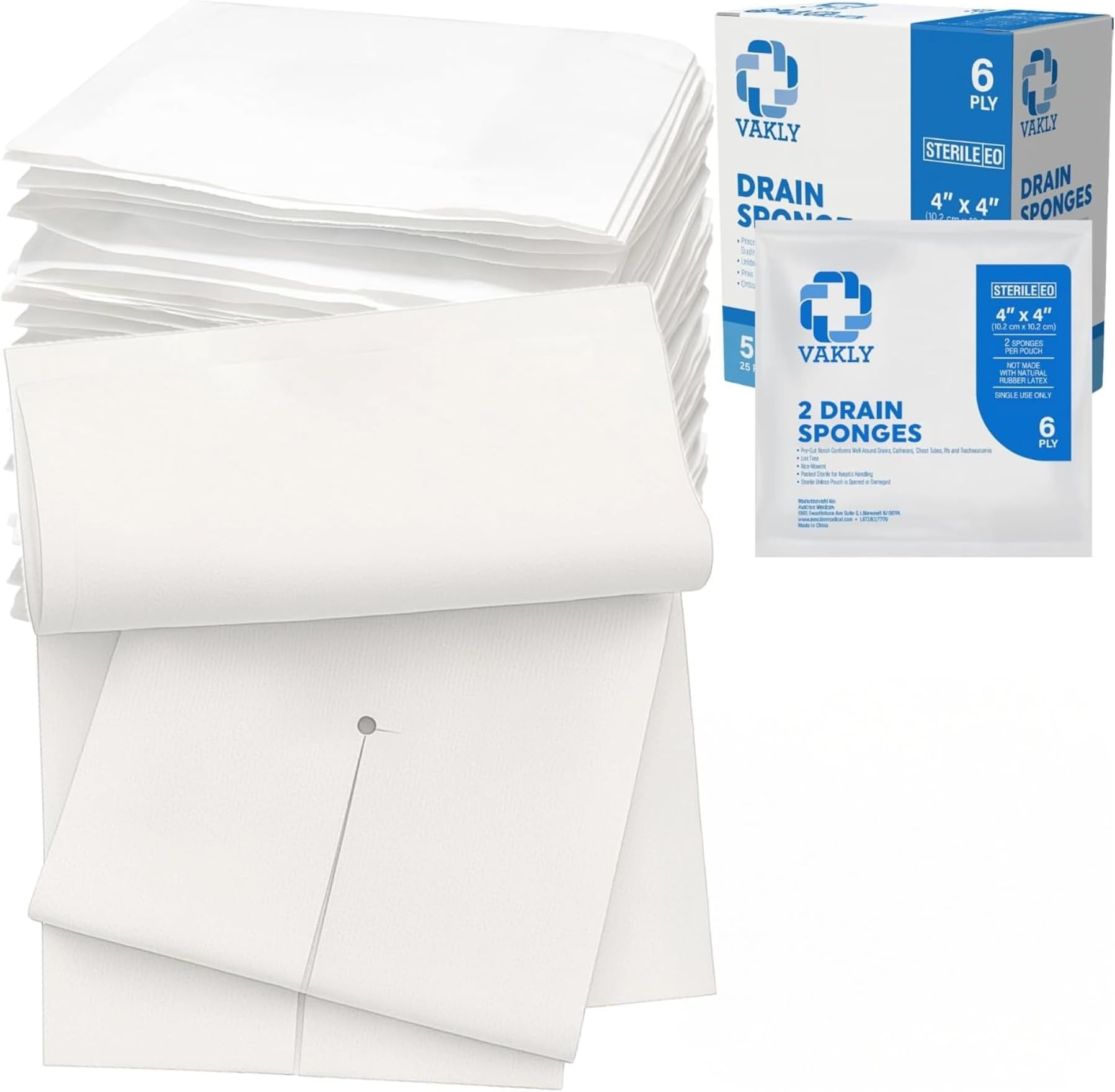 Vakly 50 Pack 4"X4" 6 Ply Split Drain Sponge - 25 Packs of 2 + 1 Roll of Medical Tape