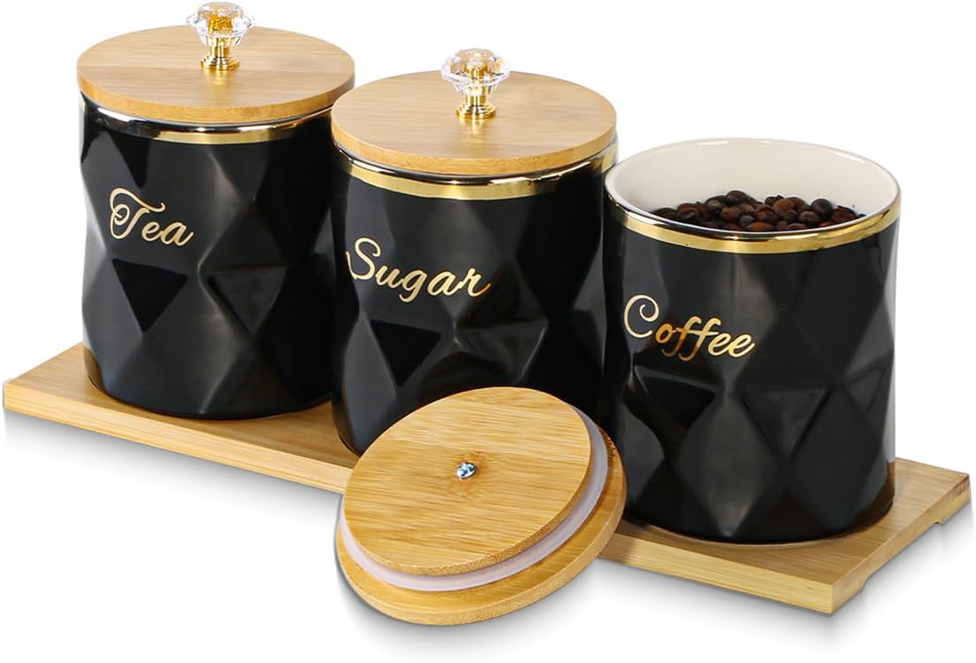 Black Ceramic Storage Canister for Coffee Sugar Tea Containers Set of 3, Coffee Sugar Tea Canisters Set with Bamboo Lids and Tray, Airtight Food Storage Jars for Kitchen Pantry