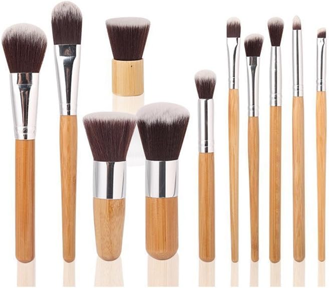 11 Piece Makeup Brushes Set | Bamboo Handle Makeup Cosmetic Eyeshadow Foundation Concealer Brush Set Pouch
