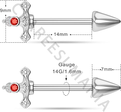 Miniatura 3 de CM Crareesi Mania Anillos de pezón de daga, acero quirúrgico 316L, calibre 14, joyería de piercing gótico