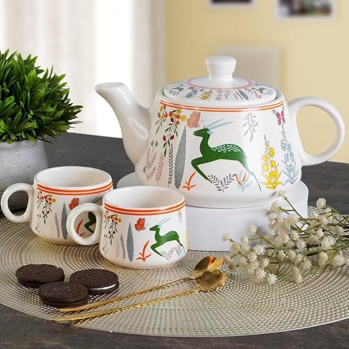 Image of Dmrd Mart-Handcrafted Ceramic Stag 7Pc Tea Cup Set with Kettle Safe 6 Cups 1 Kettle | Tea Pot Set 1000Ml Ceramic Porcelain Cup Set of 6 Perfect for Serving Coffee Green Tea. (Dear Print Green)