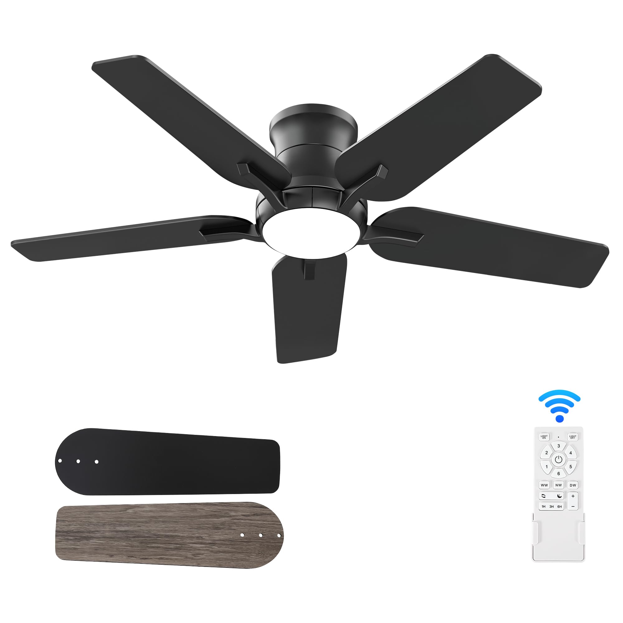 42 Inch Black Ceiling Fans with Lights and Remote, Flush Mount Low Profile Ceiling Fan for Bedroom, Living Room, Patio, Dimmable 6 Speeds Noiseless Reversible, ETL Listed