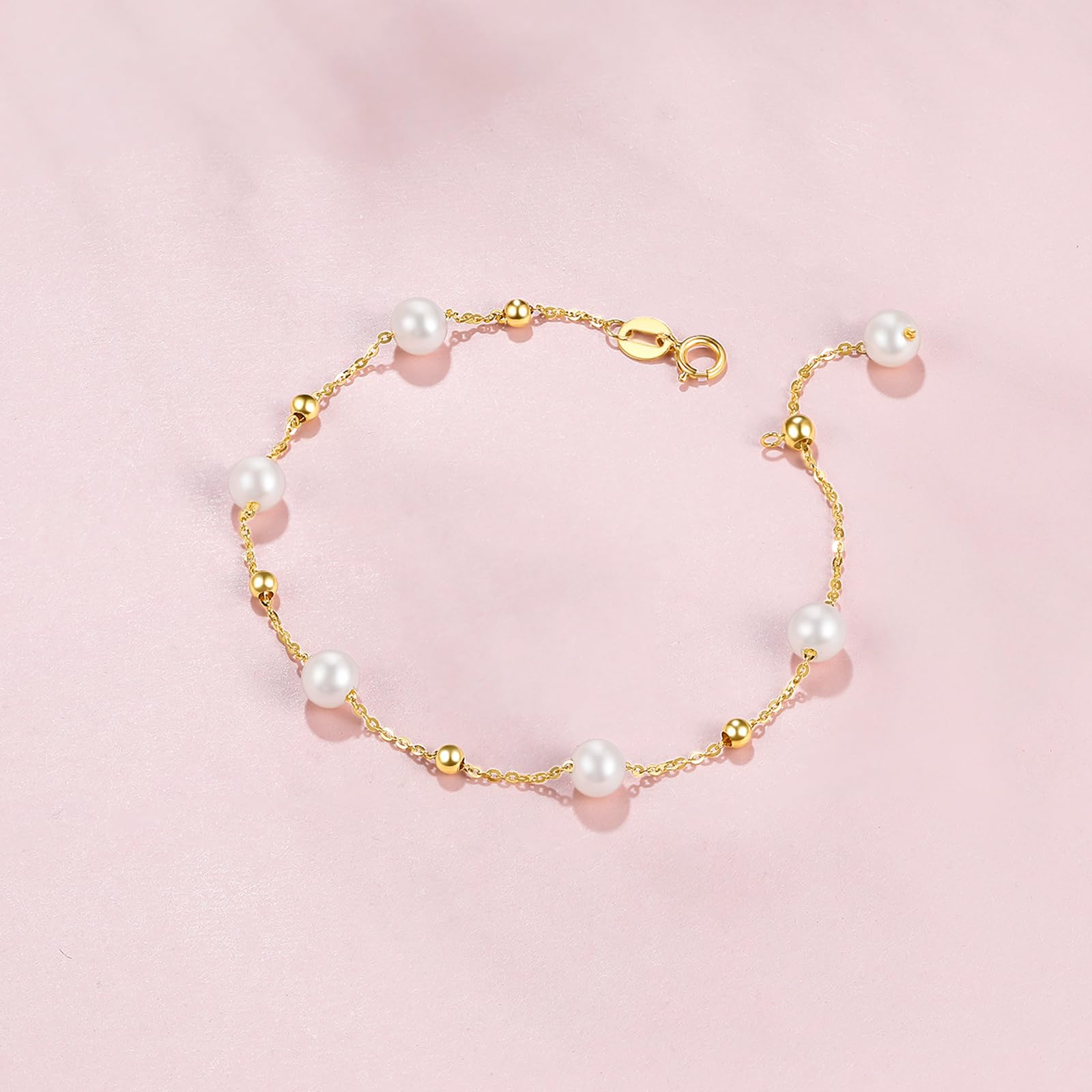 18K Gold Süßwasserperlen Chain Armband 750er Gelbgold Weiß Perlen Link Armbänder Schmuck für Damen Braut Ehefrau Mutter Liebhaber Geschenk Hochzeitstag Valentinstag Geburtstag Jahrestag 16/17/18/19cm