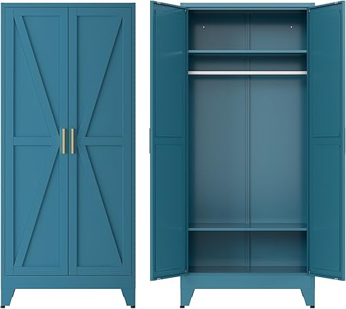 Armario guardarropa de metal con barra para colgar, 71'' Gabinete guardarropa de metal con 2 puertas y 2 estantes ajustables, armarios de