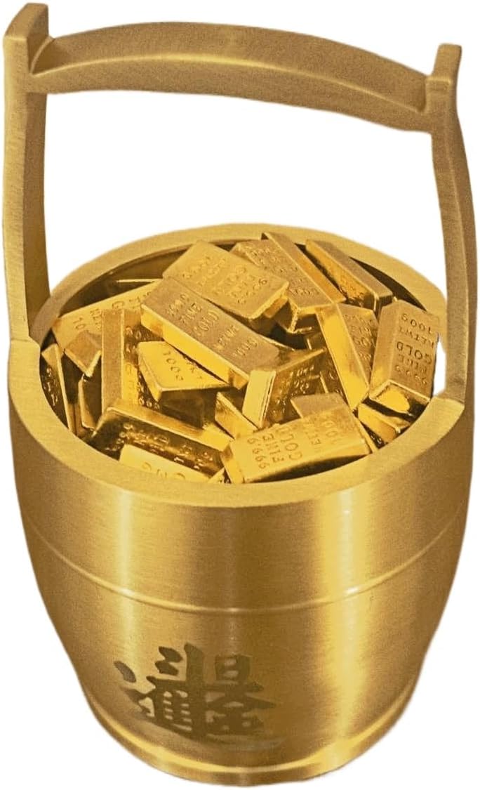 Money Bowl – Chinese Wealth Bowl Feng Shui, Brass Money Pail with 160 Gold Bricks, 2x2x3in 300g Antique Wealth Bucket for Home Office Desk Altar Prosperity Decor Gift