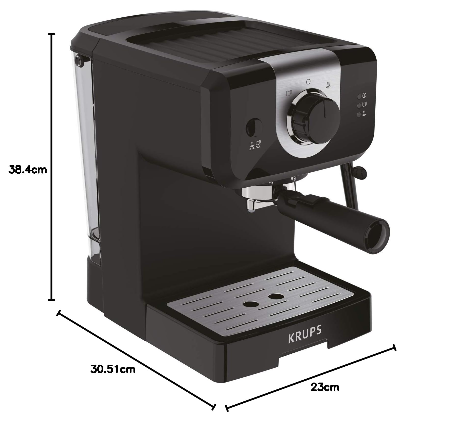 Krups Opio XP320810 – Caffettiera 15 bar di pressione, scaldavivande e montalatte, controllo girevole, nero/argento