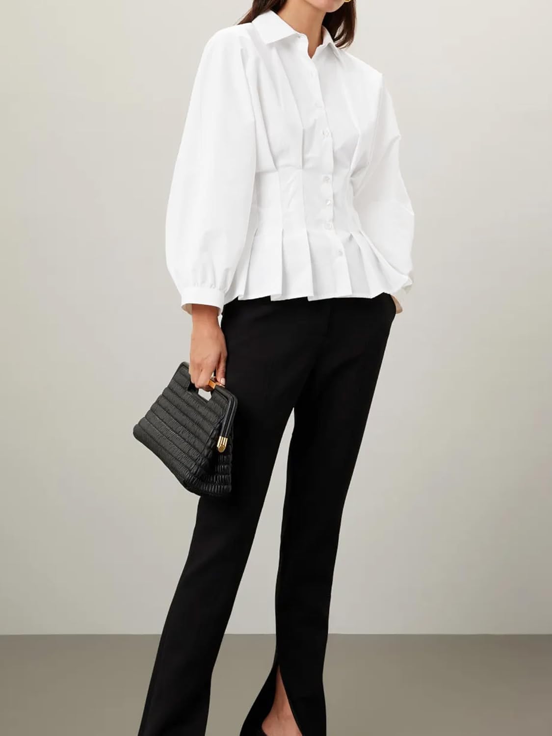 Women's Long Sleeve Button Down Shirt Peplum Hem Blouse with Voluminous Sleeves, Elegant Work Office Wear & Casual Tops - Image 5