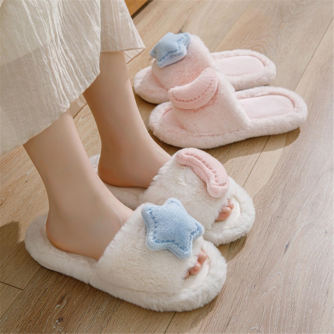 Wvapzxx Zapatillas De Piel Esponjosa De Algodón Para Mujer, Pantuflas Peludas De Interior Para El Hogar, Pantuflas De Felpa Lindas Con Forma De Estrella Y Luna