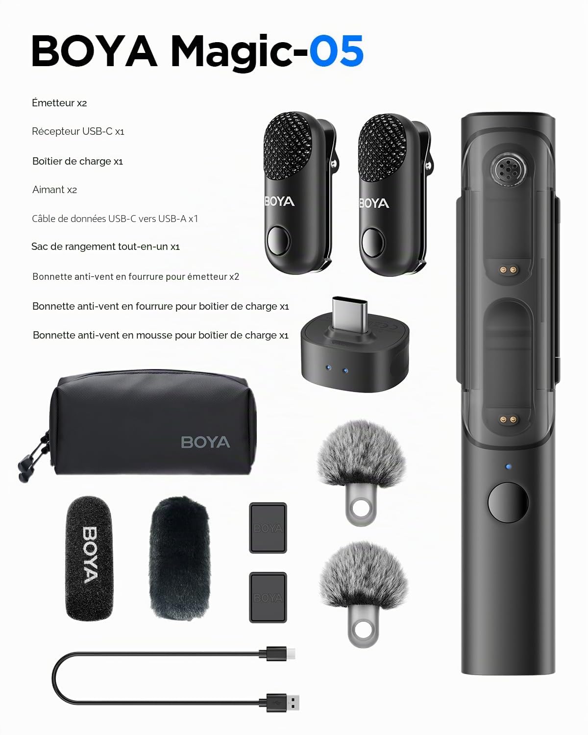 BOYA Magic Micro Cravate sans Fil pour iPhone15/16, Android（Sans Support）à clipser, à main, de bureau, sur caméra 4 Formes Mini Microphone pour Vlog, Streaming, TikTok, YouTube(2TX+1RX)