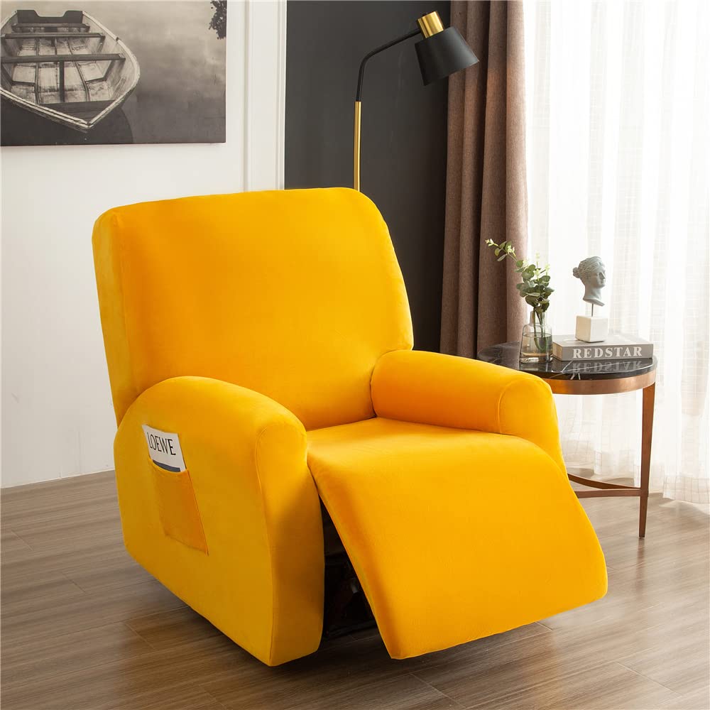Highdi Copripoltrona Relax Reclinabile Completo 4-Pezzo, Copripoltrona in Velluto Elasticizzato 1 Posto con Tasche, Morbido, Antiscivolo, Facile da Installare e Lavare (Oro